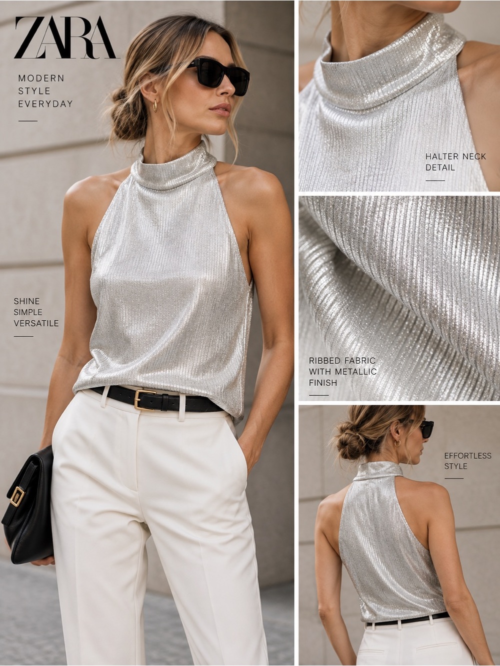 Zara Silver Metallic Foil Ribbed Halter Top Size L NWOT Party Going Out
